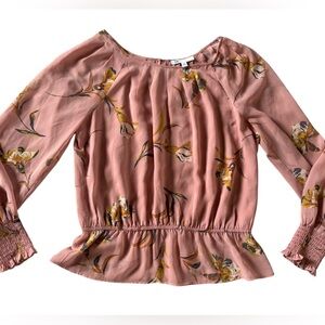 DR2 Pink Floral Smocked Waist Boho Blouse Long Sleeve Size M